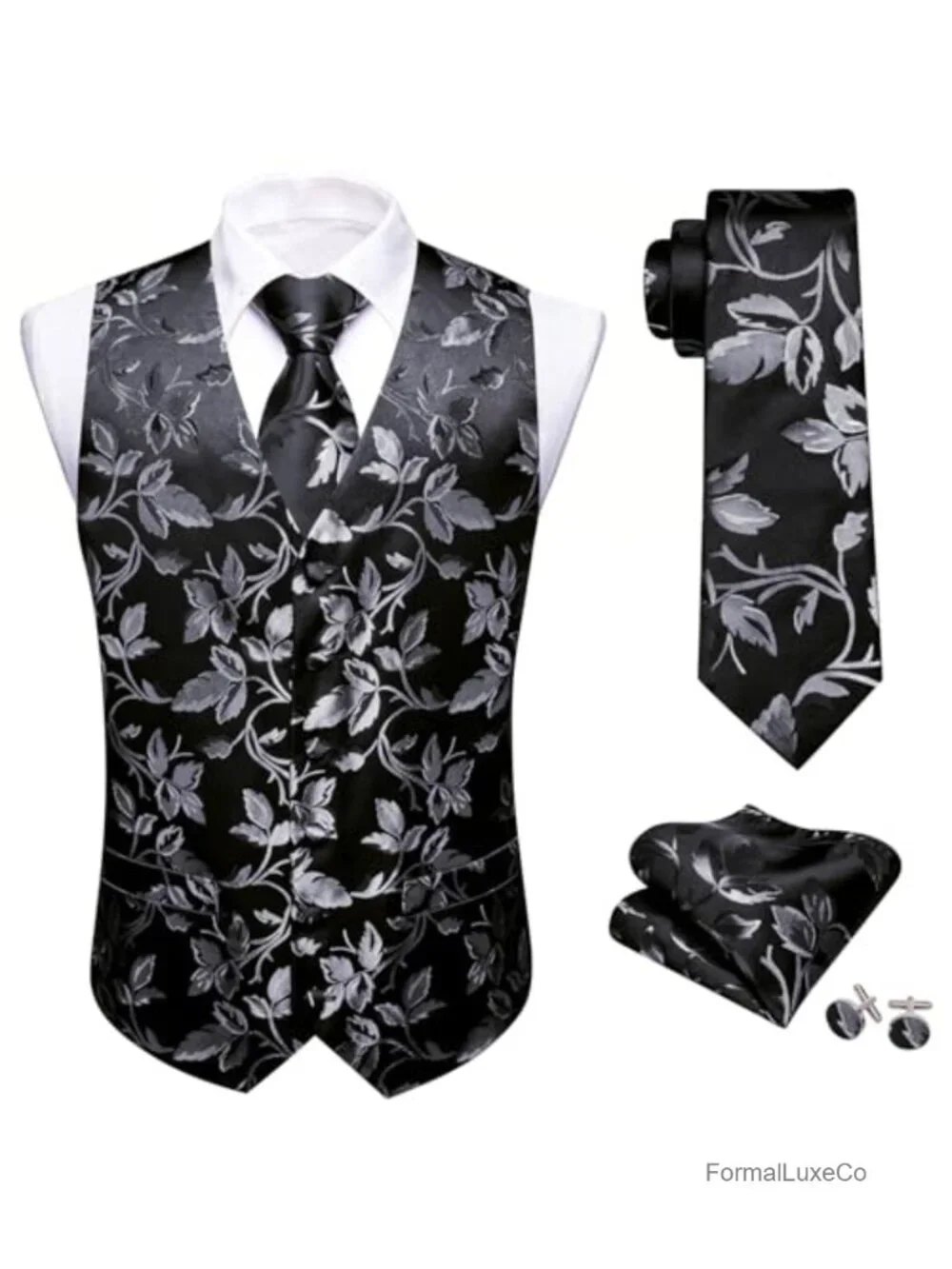 Men's Formal Vest 5-Piece Set with Jacquard Silk Tie, Pocket Square, Cufflinks,